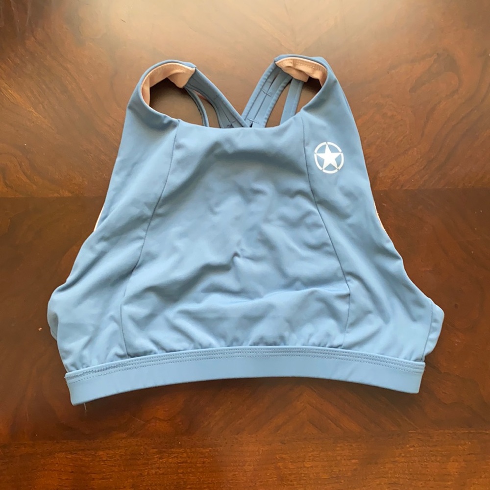 Slate blue high necked sports bra